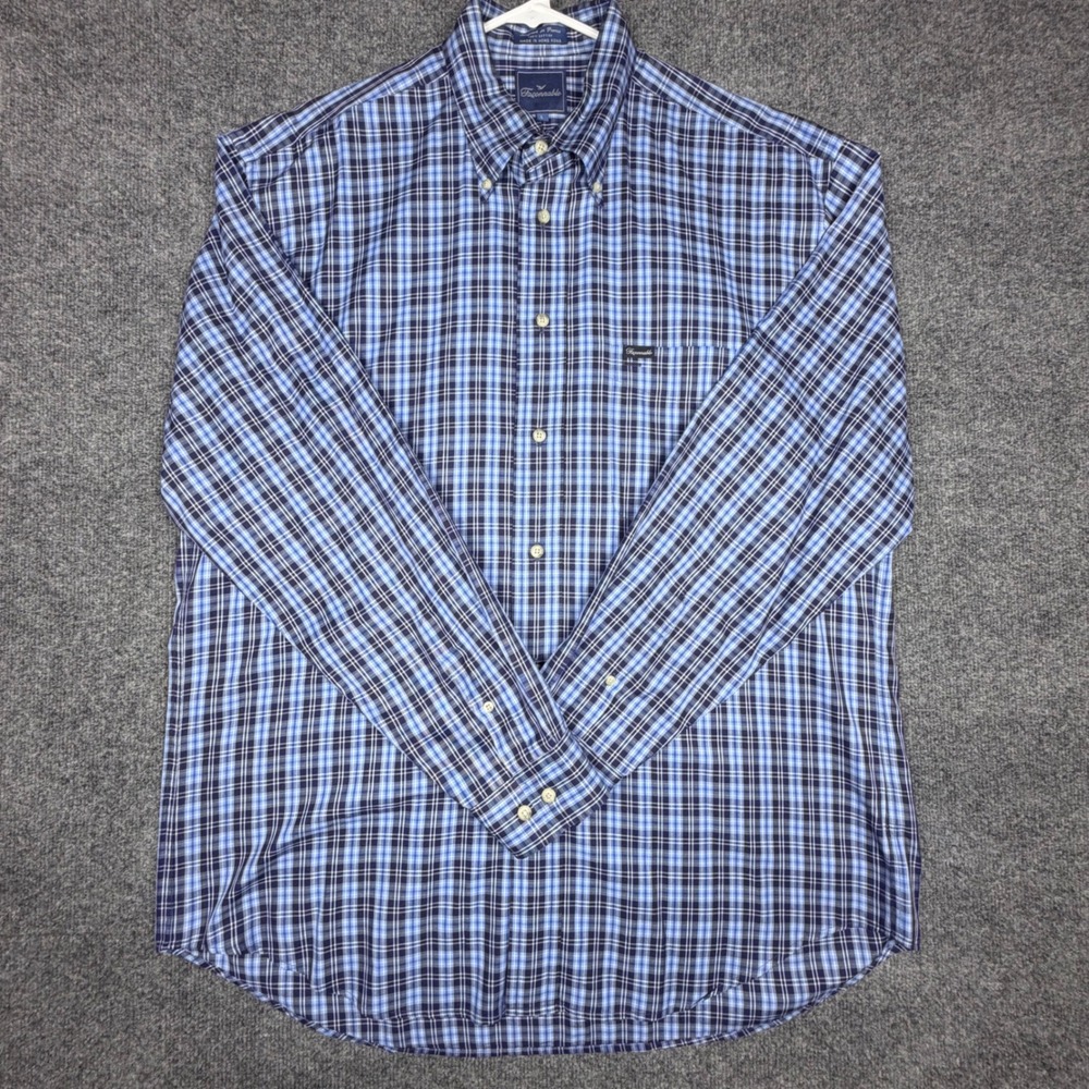 Faconnable Mens Blue Plaid Button Down Shirt Large Long Sleeve Cotton France